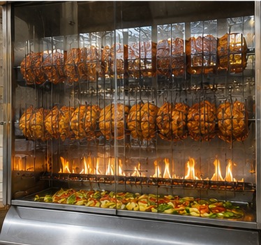Rotisserie chickens roasting over flames